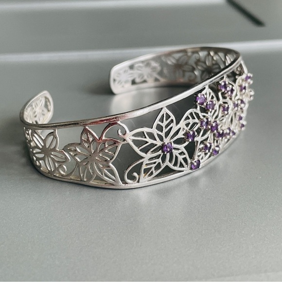 Amethyst Floral Filigree Open Work Sterling Silver Cuff Bracelet By HENG… - Picture 3 of 7